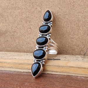Anello in onice nero autentico, anello in argento sterling 925, anello con cinque pietre preziose, anello importante in onice nero, regalo di San Valentino per lei *****