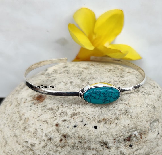 アクセサリー silver 925 turquoise bangle Handmade Turquoise Gemstone Bangle: 925 Sterling Silver Adjustable