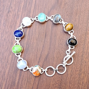 Labradorite & Larimar, 925 sterling silver bracelet, Oyster Jewelry, Oval Shape Bracelet ,Moonstone ,9 Stone Bracelet ,Gift for her***
