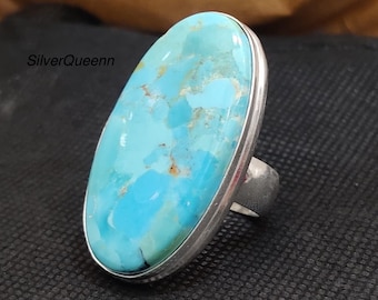 Kingman Turquoise Ring, Handmade Oval 925 Sterling Silver Gemstone Bohemian Ring