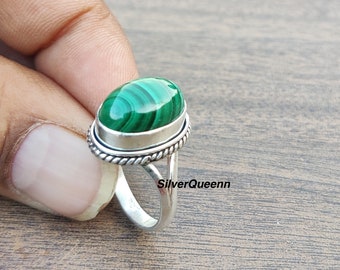 Anello ovale in malachite fatto a mano: anello boho di tendenza in argento sterling 925