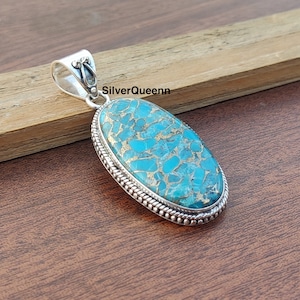 Blue Copper Turquoise 925 Sterling Silver Pendant: Gemstone Jewelry