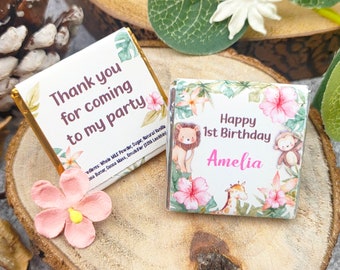 Personalised Chocolate Girls Safari Birthday Party Favours, Wild One Favors, Jungle Themed Birthday Neapolitan Squares Table Decoration