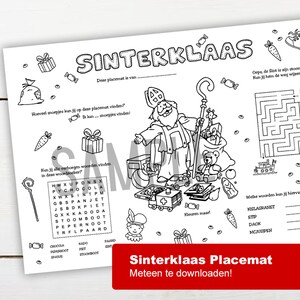 Op de afbeelding: Een zwart-witte printbare placemat met een cartoonillustratie van Sinterklaas, zijn paard en een zak vol cadeaus. De placemat bevat een woordzoeker, een doolhof en een gedeelte om woorden op te schrijven. De tekst op de placemat luidt "Sinterklaas Placemat" en "Meteen te downloaden!"