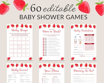 Strawberry Baby Shower Games Bundle Straw Berry Party Activity Berries Baby Prediction Baby Girl Baby Trivia Diaper Raffle EDITABLE Digital