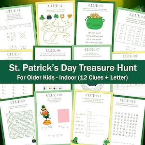 Puede incluir: Un juego de búsqueda del tesoro de San Patricio para niños mayores. El juego incluye 12 pistas con una letra en cada tarjeta. Las pistas son una mezcla de rompecabezas de palabras, laberintos y actividades de descifrado de códigos.