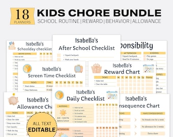 Kids Chore Chart Reward Chart Allowance Tracker Screen Time School Routine Behavior Responsibility Daily Checklist Weekly Planner EDITABLE
