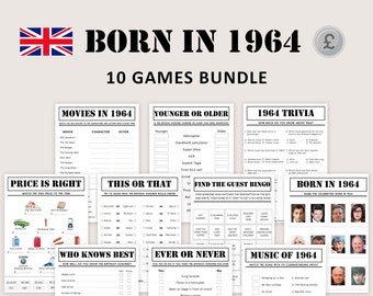 UK 60th Birthday Games Bundle British 60th Birthday Party Games 1964 Trivia Born in 1964 60 year Men Women Him Her Pound PRINTABLE Digital