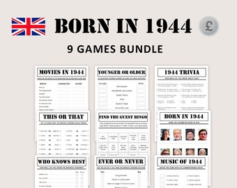 UK 80th Birthday Games Bundle British 80th Birthday Party Games 1944 Trivia Born in 1944 80 year Men Women Him Her Pound PRINTABLE Digital