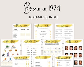 50th Birthday Games Bundle 50th Birthday Party Games 1974 Trivia Born in 1974 50 year old Men Women Him Her Quiz PRINTABLE Gold Digital