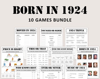 100th Birthday Games Bundle 100th Birthday Party Games 1924 Trivia Born in 1924 100 year Men Women Him Her Quiz Printable Instant Digital