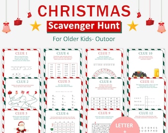 Chasse au trésor de Noël pour les enfants plus âgés, vacances, chasse au trésor en plein air, jeux d'évasion pour adolescents, chasse au trésor, jeux de casse-têtes pour préados, imprimables