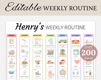 Weekly Routine Chart Kids Weekly Planner Cards Visual Calendar Toddler Responsibility Schedule Chore Chart Weekly Rhythm Pictures EDITABLE