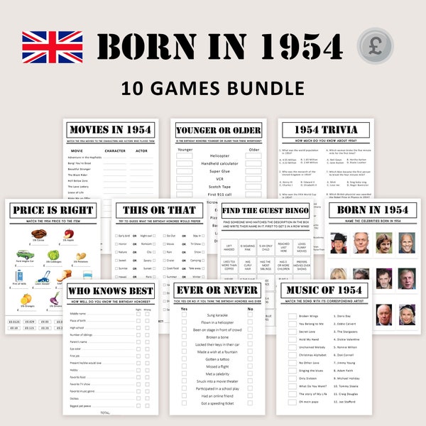 UK 70th Birthday Games Bundle British 70th Birthday Party Games 1954 Trivia Born in 1954 70 year Men Women Him Her Pound PRINTABLE Digital