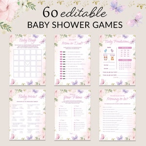Puede incluir: Un conjunto de juegos de baby shower imprimibles con un tema de mariposas rosas y moradas. Los juegos incluyen "Baby Bingo", "&iquest;Mam&aacute; o Pap&aacute;?", "Predicciones de beb&eacute;", "Trivia de beb&eacute;", "&iquest;Qu&eacute; hay en tu tel&eacute;fono?" y "&iquest;Qu&eacute; tan bien conoces a la futura mam&aacute;?"