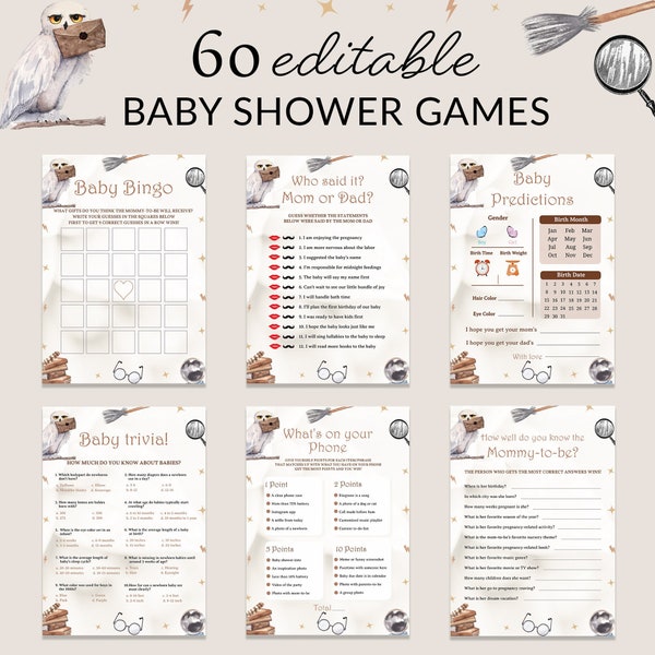 Wizard Baby Shower Games Bundle Magical Couple Shower Party Activity Magic Gender Neutral Baby Prediction Baby Trivia Diaper Raffle EDITABLE