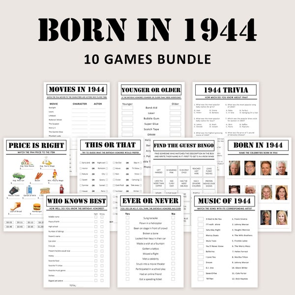 80th Birthday Games Bundle 80th Birthday Party Games 1944 Trivia Born in 1944 80 year old Men Women Him Her Quiz Printable Instant Digital