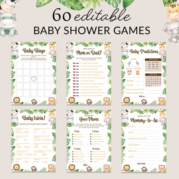 Safari Animals Baby Shower Games Bundle Wild Animals Couples Shower Party Zoo Jungle Baby Boy Baby Prediction Activity Baby Trivia EDITABLE