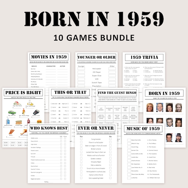 65th Birthday Games Bundle 65th Birthday Party Games 1959 Trivia Born in 1959 65 year old Men Women Him Her Quiz Printable Instant Digital