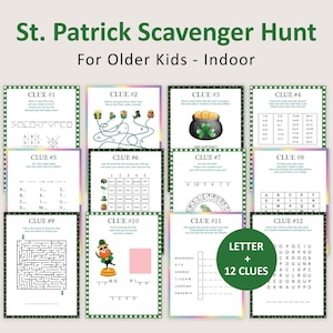 Puede incluir: Una búsqueda del tesoro de San Patricio para niños mayores con 12 pistas. Cada pista es un rompecabezas o acertijo que lleva a la siguiente pista. Las pistas están impresas en tarjetas verdes y blancas con un borde de arcoíris.