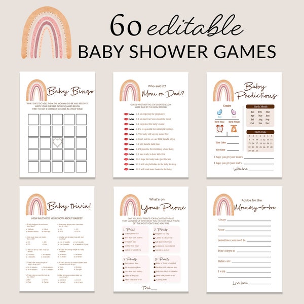 Rainbow Baby Shower Games Bundle Boho Baby Shower Party Pastel Rainbow Baby Prediction Activity Classic Rainbow Baby Trivia EDITABLE Digital