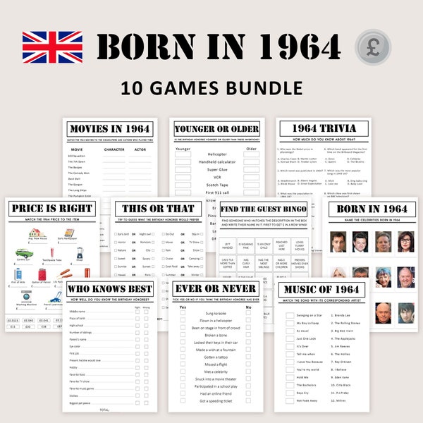 UK 60th Birthday Games Bundle British 60th Birthday Party Games 1964 Trivia Born in 1964 60 year Men Women Him Her Pound PRINTABLE Digital