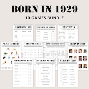 96th Birthday Games Bundle 96th Birthday Party Games 1929 Trivia Born in 1929 96 Year Old Men Women Him Her Quiz Printable Instant Digital