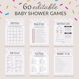 Può includere: Un set di giochi per baby shower stampabili con sfondi di coriandoli colorati. I giochi includono Baby Bingo, Chi l'ha detto: Mamma o Papà?, Predizioni per il bambino, Quiz sul bambino, Cosa c'è sul tuo telefono? e Quanto conosci la futura mamma?