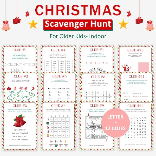 Weihnachten Schnitzeljagd für ältere Kinder Urlaub Schnitzerei Jagd Jugendliche Escape Room Tweens Schatzsuche Spiel Teenager Indoor Puzzles DRUCKBAR