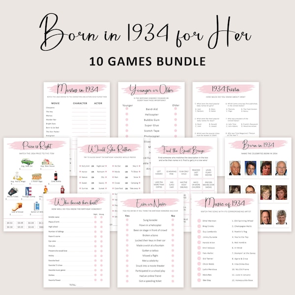 90th Birthday Games for Women 90th Birthday Party Games for Her Born in 1934 Game 1934 Trivia Quiz Activity Bundle Instant Digital PRINTABLE