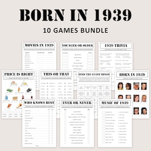 Pacchetto giochi per l&#39;86° compleanno Giochi per la festa dell&#39;86° compleanno 1939 Trivia Nato nel 1939 86 anni Uomini Donne Lui Lei Quiz Stampabile Digitale Istantaneo
