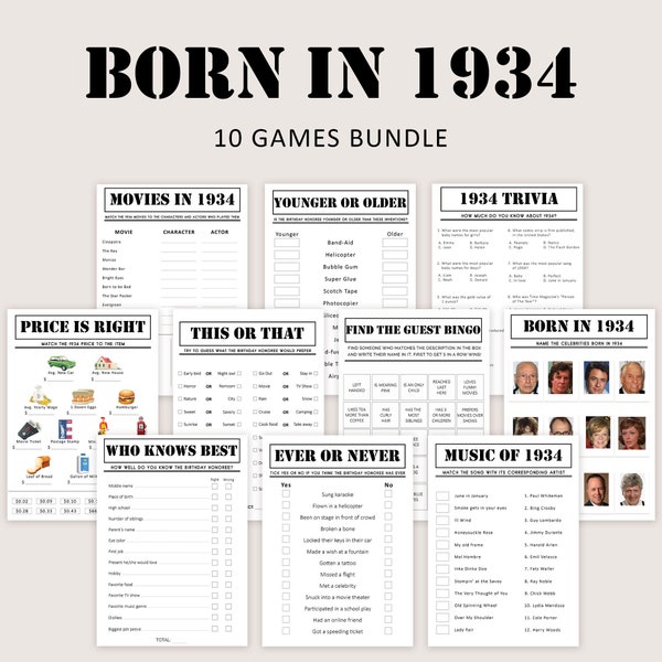 90th Birthday Games Bundle 90th Birthday Party Games 1934 Trivia Born in 1934 90 year old Men Women Him Her Quiz Printable Instant Digital