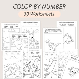 May include: A set of 30 printable coloring pages for kids. Each page features a different animal or scene to color in by number. The animals include a dinosaur, a bunny, a fox, and a cat. The scenes include a mountain range, a forest, and a sky with clouds.