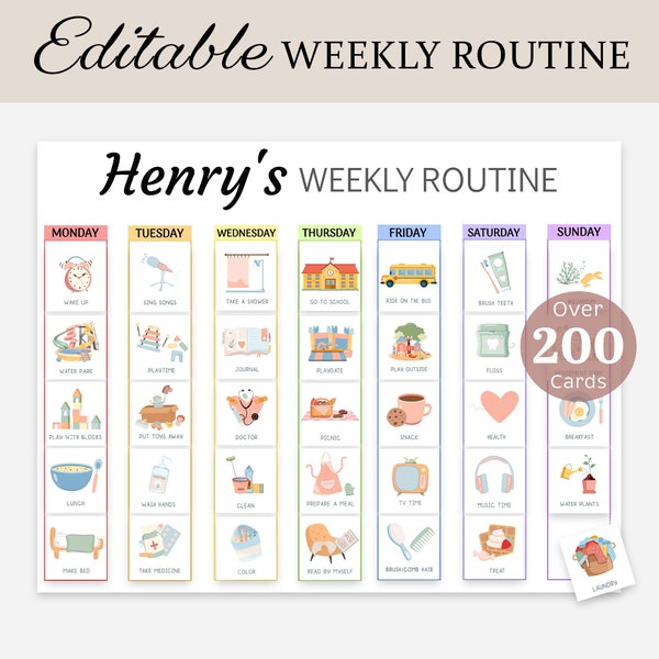 Weekly Routine Chart Kids Weekly Planner Cards Visual Calendar Toddler Responsibility Schedule Chore Chart Weekly Rhythm Pictures EDITABLE