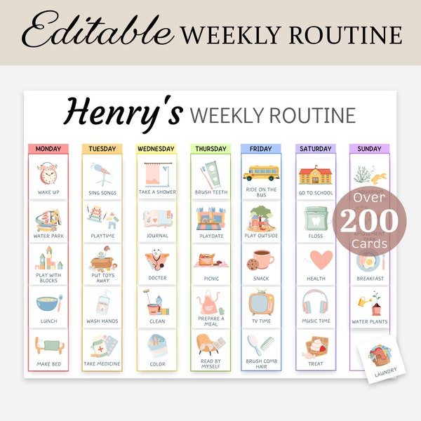 Weekly Routine Chart Kids Weekly Planner Cards Visual Calendar Toddler Responsibility Schedule Chore Chart Weekly Rhythm Pictures EDITABLE