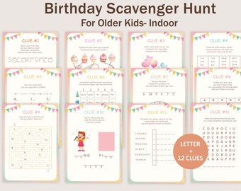 Birthday Scavenger Hunt For Older Kids Birthday Scavenger Hunt For Teens Indoor Treasure Hunt Clues Puzzle Game Tween PRINTABLE Digital