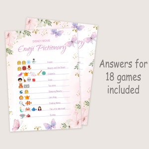 Puede incluir: Cartas de juego imprimibles rosas y blancas con dise&ntilde;os florales y de mariposas. Las cartas presentan un juego de emoji de pel&iacute;cula de Disney llamado "Emoji Pictionary". El texto "Respuestas para 18 juegos incluidos" es visible en el lado derecho de la imagen.