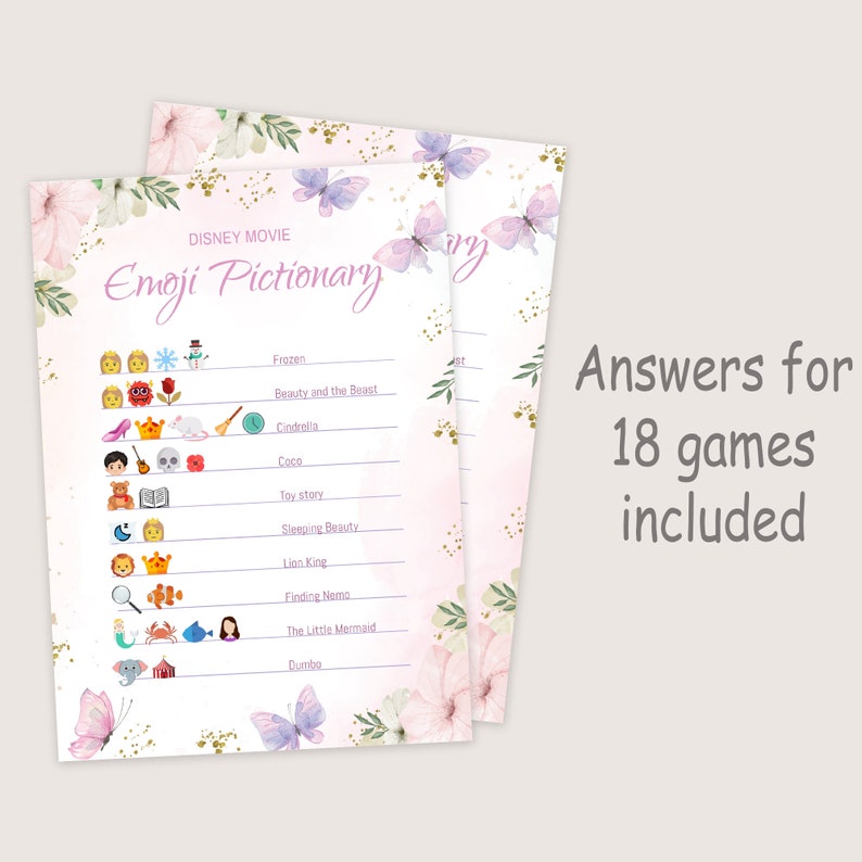 Puede incluir: Cartas de juego imprimibles rosas y blancas con dise&ntilde;os florales y de mariposas. Las cartas presentan un juego de emoji de pel&iacute;cula de Disney llamado "Emoji Pictionary". El texto "Respuestas para 18 juegos incluidos" es visible en el lado derecho de la imagen.
