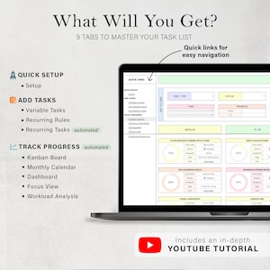 May include: A laptop screen displays a task management system with a clean, organized layout. The interface features sections for quick setup, adding tasks, and tracking progress, with options for Kanban boards and monthly calendars. The text reads "What Will You Get?"