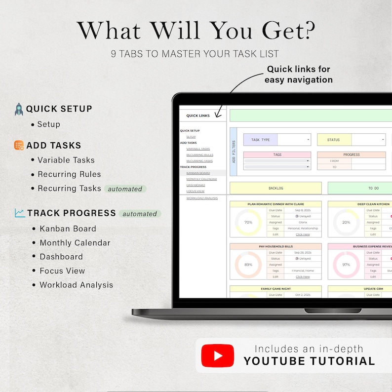 May include: A laptop screen displays a task management system with a clean, organized layout. The interface features sections for quick setup, adding tasks, and tracking progress, with options for Kanban boards and monthly calendars. The text reads "What Will You Get?"