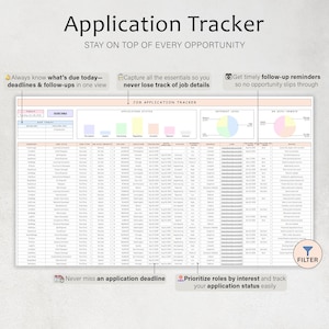 May include: A light-colored job application tracker with the title "Application Tracker" and the tagline "Stay on Top of Every Opportunity." The tracker includes sections for deadlines, job details, and follow-up reminders. It also features pie charts and a filter icon.