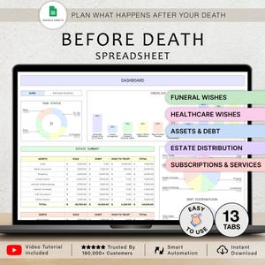 May include: A digital Before Death spreadsheet displayed on a laptop screen, featuring a dashboard with task status charts, an estate summary table, and five labeled tabs for funeral wishes, healthcare wishes, assets, debt, and subscriptions.