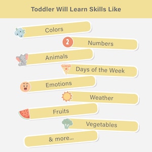 May include: Educational graphic with the text "Toddler Will Learn Skills Like" and a list of topics including Colors, Numbers, Animals, Emotions, Days of the Week, Weather, Fruits, and Vegetables. The image has a light yellow background.