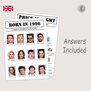 May include: Two white paper sheets with text and images. One sheet says "BORN IN 1996" and features celebrity photos. The other sheet has a price list. The words "Answers Included" are written on the right side of the image.