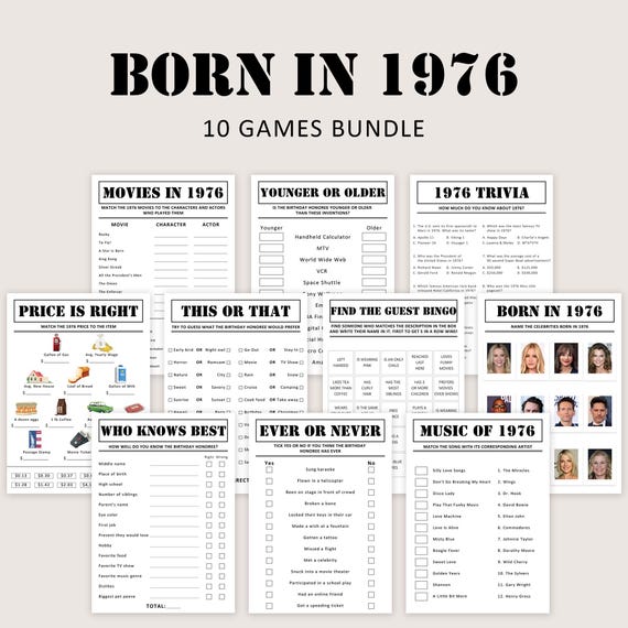 50th Birthday Games Bundle 50th Birthday Party Games 1976 Trivia Born in 1976 50 Year Old Men Women Him Her Quiz Printable Instant Digital