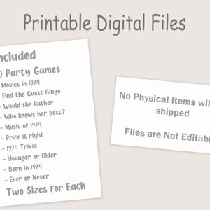 50th Birthday Games for Women 50th Birthday Party Games for Her Born in 1974 Game 1974 Trivia Quiz Activity Bundle Instant Digital PRINTABLE image 3