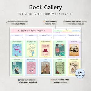 May include: A digital book gallery interface titled "Book Gallery" with the text "See your entire library at a glance." Features include smart filters, color-coded reading status, and visual browsing. Displays book covers like "The Love Hypothesis" and "The Fault in Our Stars."