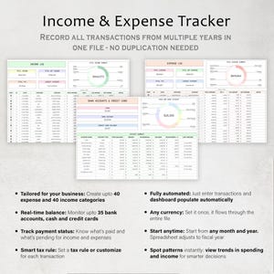 May include: A digital income and expense tracker spreadsheet with multiple sections, including income, expense, and bank account logs. The text "Income & Expense Tracker" is at the top. Features include automated calculations and currency settings.