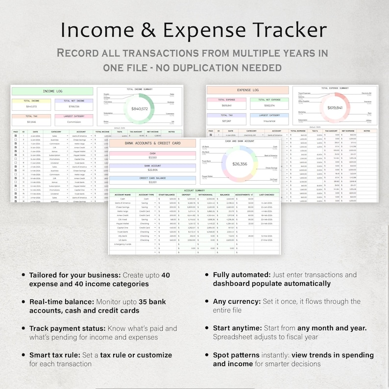 May include: A digital income and expense tracker spreadsheet with multiple sections, including income, expense, and bank account logs. The text "Income & Expense Tracker" is at the top. Features include automated calculations and currency settings.
