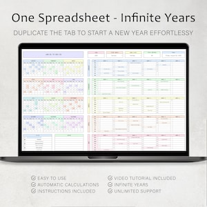 May include: A laptop displays a colorful spreadsheet with the text "One Spreadsheet - Infinite Years." The spreadsheet includes calendars, to-do lists, and notes sections. The screen also shows the text "EASY TO USE," "AUTOMATIC CALCULATIONS," and "INSTRUCTIONS INCLUDED."